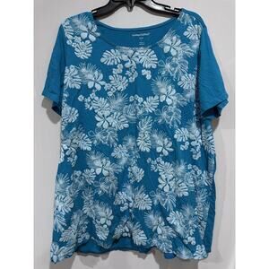 Woman Within Shirt Womens 18/20 Teal Floral Tropical Scoop Neck Plus Size Top
